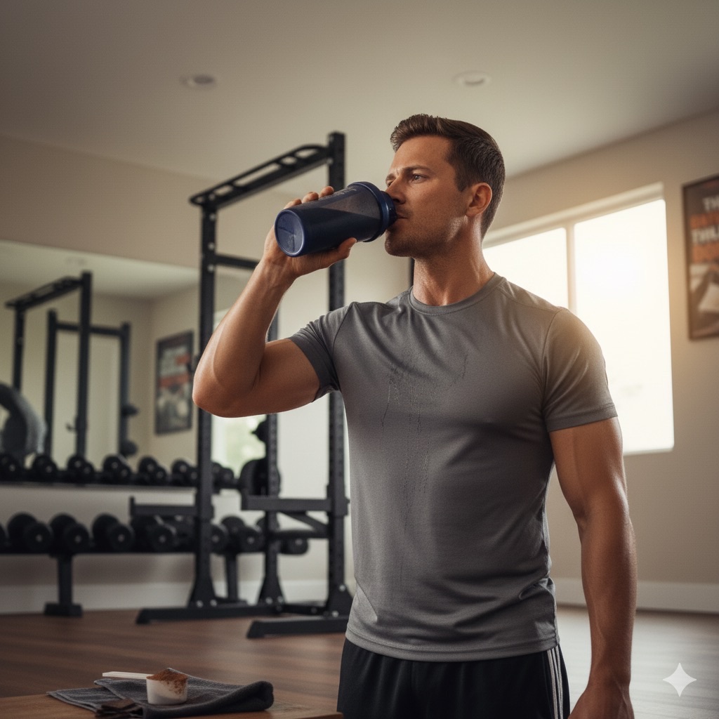 プロテインを飲む男性